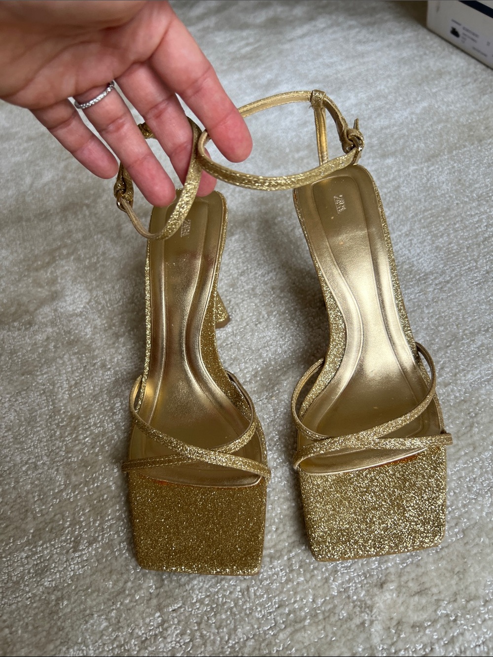 Zara Gold Glitter Strappy Square-Toe Heels